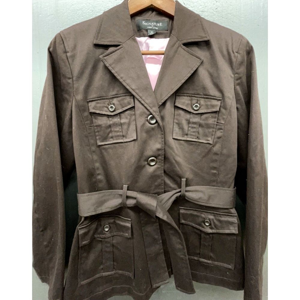 Signature By Larry Levine Blazer Jacket 10 Brown‎ Belt Four Pocket Lined Stretch